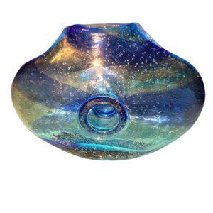 Hand-Blown Blue Art Glass Donut Vase with Controlled Bubbles – Modern Glass
